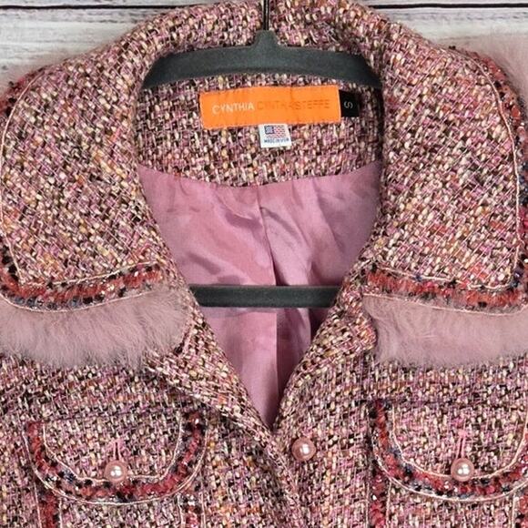 Cynthia Steffe Pink Tweed Blazer S Faux Fur Sequin Pearl Preppy Glam Lux Jacket - Picture 3 of 15